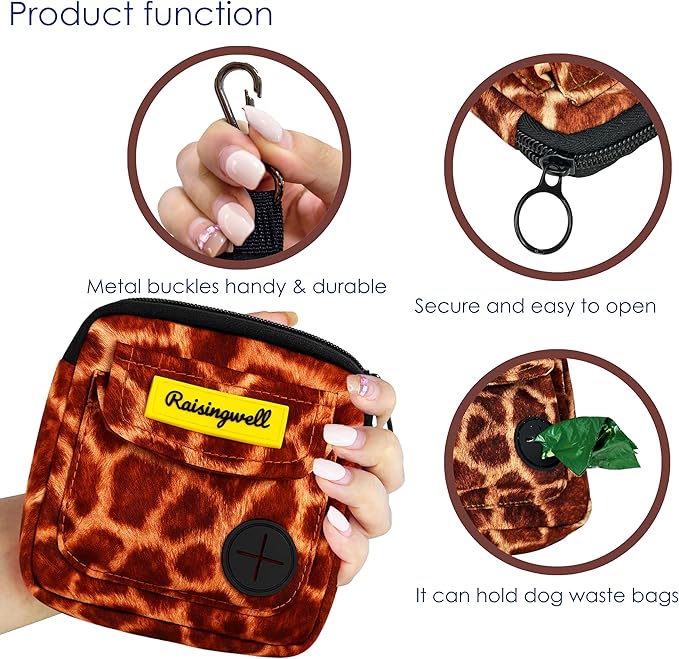 Dog Treat Pouch for Pet Walking and Training with Clicker Poop Bags and Double Bag Design Small Fanny Zipper Pack Holder for Puppy Snack Dispenser Kit for Leash and Outdoor Use Deer Hide Skin
