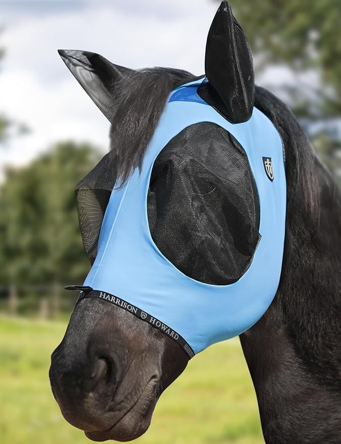 Harrison Howard Horse Fly Mask with Forelock Opening Stretch Breathable and Comfortable for Horses UV -Protection Ice Blue M