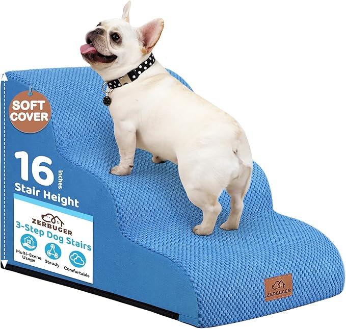 Dog Ramp and Stair for Bed 16" H-20 H,3-Step Cat Stair for Sofa and Chair,4-Step Dog Ramp for High Bed and Window,Durable Nonslip Fabric Cover for Indoor (Blue-16“H, Pet Friendly, 3)
