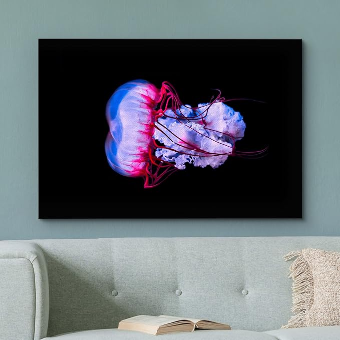 wall26 Canvas Print Wall Art Vibrant Purple Pink Jellyish Dark Ocean Nature Animals Photography Realism Rustic Scenic Landscape Wilderness Earth Colorful for Living Room, Bedroom, Office - 32"x48"