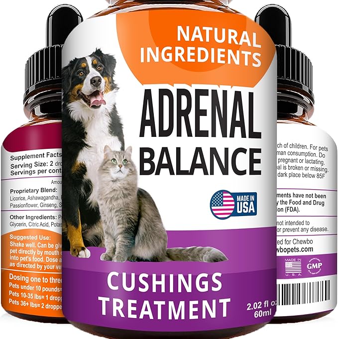 Adrenal Balance for Dogs and Cats - Cushings Treatment for Pets, Adrenal Support w/ Ashwagandha, Licorice Root, Rhodiola Rosea - 2oz Herbal Drops
