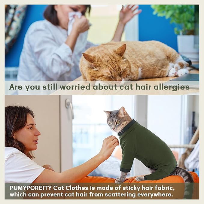 PUMYPOREITY Sticky Hair Cat Clothes, Prevent Hair Loss Cat Pajamas, Soft Cat Sweaters for Cats Only, Cat Hair Sticky Onesie, Cat Recovery Suit After Surgery, Green, XL