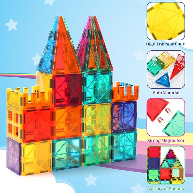 Magnetic Tiles,104PCS Magnetic Building Tiles for Kids, Educational Magnetic Stacking Blocks, Magnets Construction Toys, Christmas Toy Gift for Toddlers,Kids Boys and Girls 3 4 5 6 7 8 9+Year