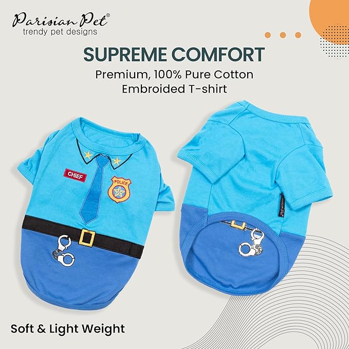 Parisian Pet Embroidered Dog Police Costume - 100% Cotton and Polyester Pet Clothes - Sleeved Cop Costume for Small Blue Dogs