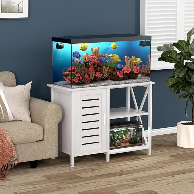 40-50 Gallon Fish Tank Stand, Aquarium Stand with Cabinet Accessories Storage, Heavy Duty Metal Frame, 40.55" L*18.89" W Tabletop, 850LBS Capacity, White PG02YGW