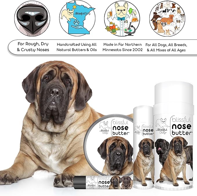 The Blissful Dog Mastiff Nose Butter for Dry, Cracked Skin, Lick-Safe Dog Nose Balm with Moisturizing Shea Butter, Almond, Olive, and Essential Oils, Pet Supplies, Uncented, 0.50 oz.
