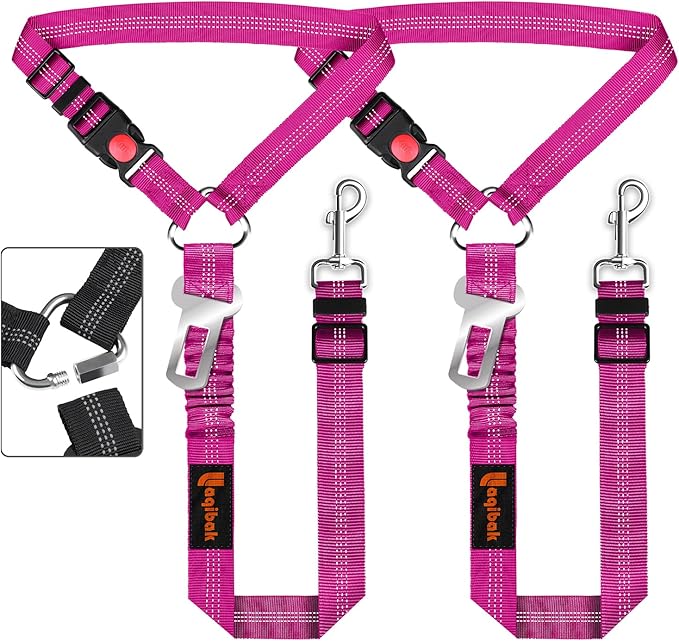 Removable Dog Seat Belt Harness for Car, 3 in 1 Pet Dog Car Seatbelt Leash, Retractable Restraint Secures to Vehicle Headrest & Adjustable Reflective Bungee Dog Seatbelt Tether, Rose