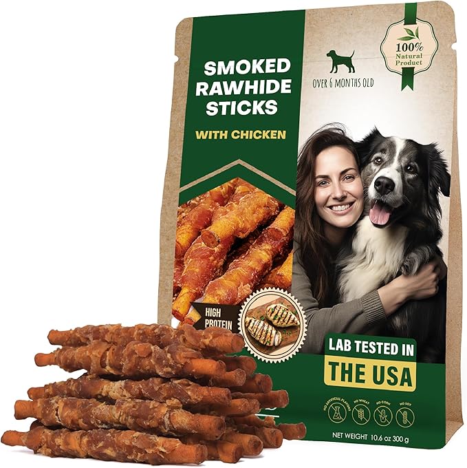 Dog Treats Rawhide Sticks Wrapped with Chicken 11 oz Pet Natural Chew Treats - Grain Free Meat & Human Grade Dried Snacks - Best for Small & Large Dogs (10.6 Ounce (Pack of 1), Smoked Chicken)