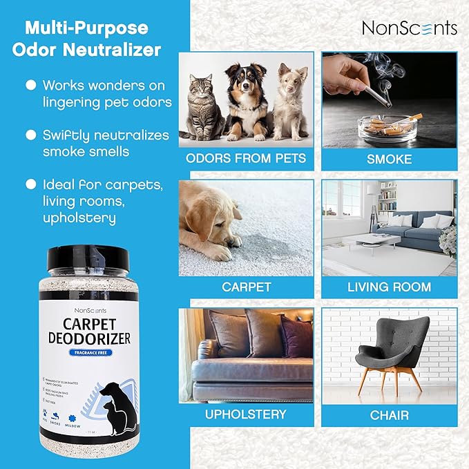 NonScents Carpet & Rug Odor Eliminator - Safe & Fragrance-Free Pet Carpet Deodorizer - Cat and Dog Smell Neutralizer - Removes Pet Urine Odors - Fresh Scent Powder in Pet Areas at Home