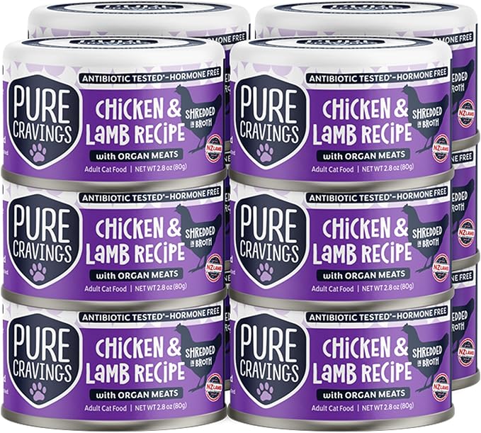 Chicken and Lamb Recipe in Broth, Shredded Wet Cat Food, Grain-Free Protein, Non-GMO, 12 Pack