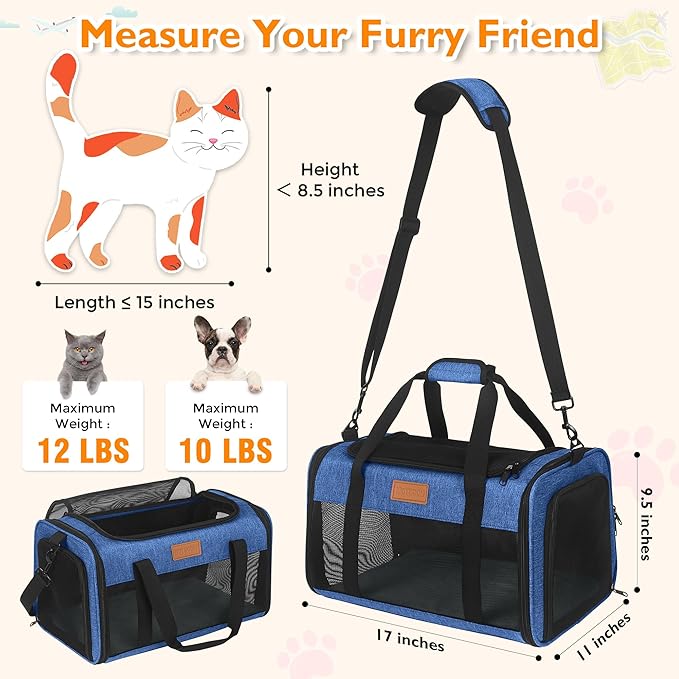 PETUX TSA Approved Pet Carrier in Cabin, 17"x11"x9.5" Soft Cat Carriers for Small Cat up to 12 lb and Puppy up to 10 lb, Top Open Portable Pet Carrier Airline Approved for Travel and Vet Visit (Blue)