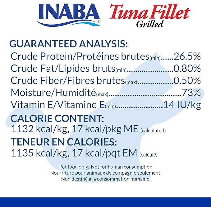 INABA Premium Hand-Cut Grilled Tuna Fillet Cat Treats/Topper with Vitamin E and Green Tea Extract, 0.52 Ounces Each, Pack of 6, Shrimp Broth