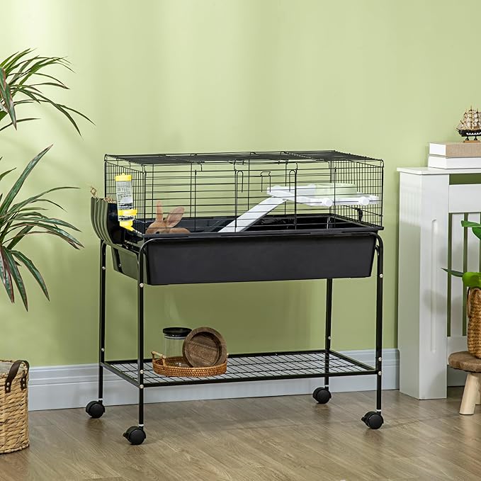 PawHut Two-Story Small Animal Cage Removable from Stand, Guinea Pig Cage with Shelf & Wheels, Pet Habitat for Hedgehog, Chinchilla, Ferret, 33" x 18.5" x 35", Black