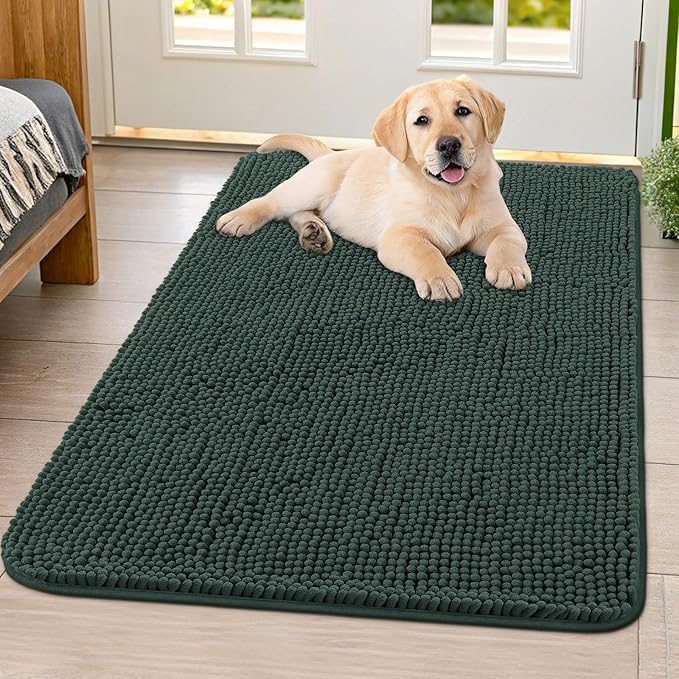 Smiry Dog Door Mat for Muddy Paws 40x32, Absorbs Moisture and Dirt Doormat, Non-Slip Washable Quick Dry Chenille Front Door Mat Indoor Entrance, Entryway Carpet for Inside Floor, Green