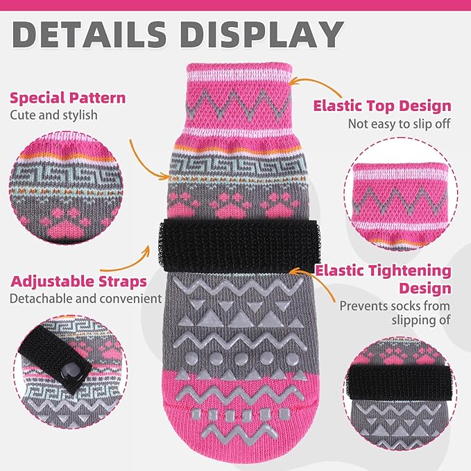 KOOLTAIL Dog Socks to Prevent Licking Paws for Hardwood Floors Anti Slip, Winter Warm Pet Boots&Paw Protector with Grippers, Double Sides Dog Shoes Booties for Small Medium Large Senior Dogs Pink L