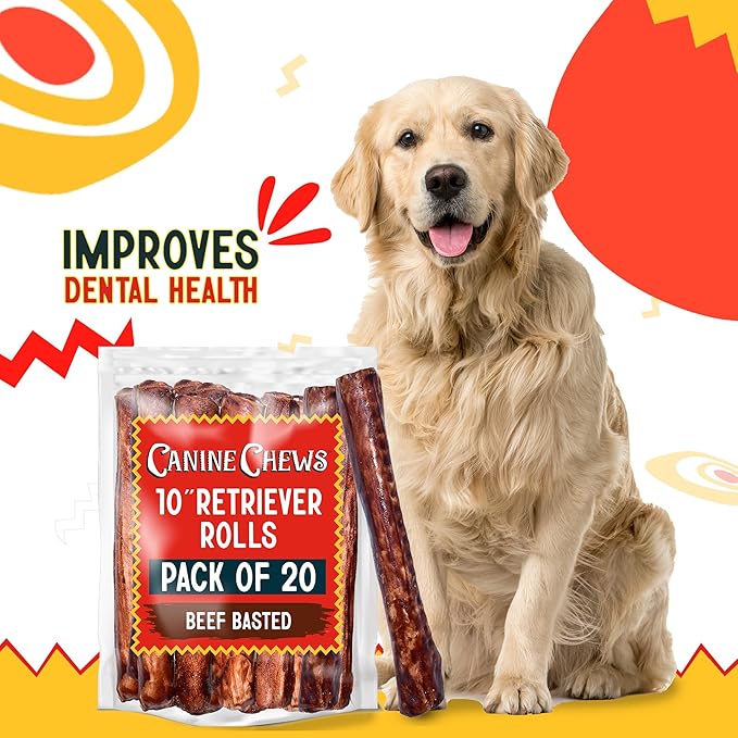 Canine Chews 10" Beef Basted Rawhide Bones for Large Dogs - 20 Pack - Hand-Rolled Dog Chews Basted in Beef Broth - Promotes Dental Health