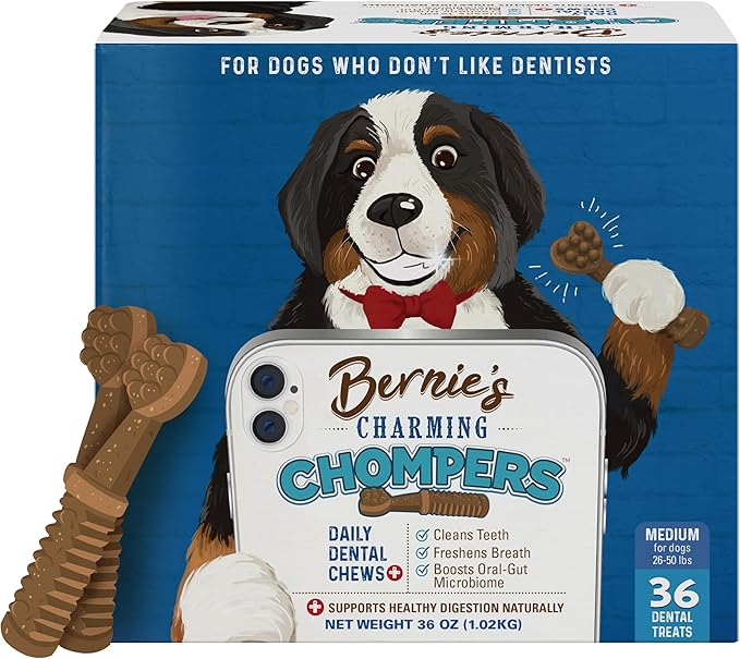 Bernie's Charming Chompers - Daily Dental Chews for Dogs 26-50 Lbs. - 36 Count - Cleans Teeth, Freshens Breath, + Boosts Oral-Gut Microbiome. Easy to Digest, Supports Healthy Digestion Naturally