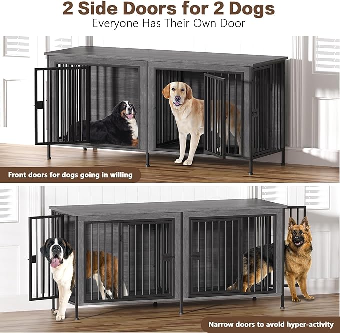 EasyCom 78 Inch Dog Cage Furniture for 2 Pets with Divider, XXL Wooden Double Dog Crate Furniture TV Stand for Mideum and Large Breed, Durable and Sturdy