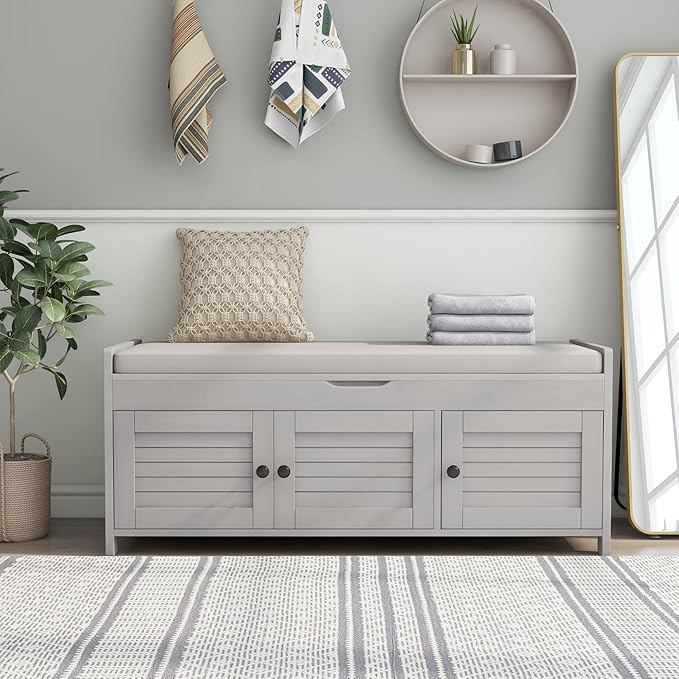 Storage Bench with 3 Shutter-Shaped Doors, Wood Shoe Bench with Removable Cushion and Hidden Storage Space for Entryway, Living Room, Hallway 43.5" L*16" W*18" H (Gray Wash Pine)