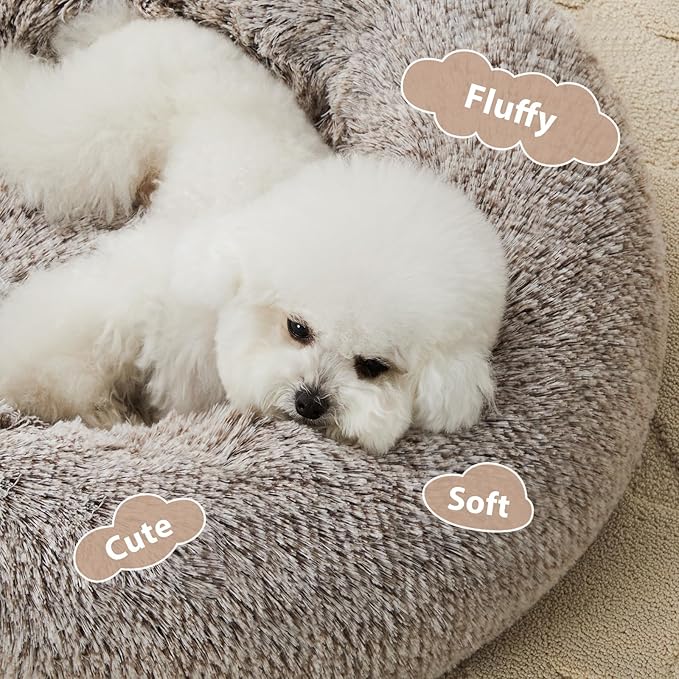 WNPETHOME Calming Dog Bed Cat Bed Donut, Faux Fur Pet Bed Self-Warming Donut Cuddler, Comfortable Round Plush Dog Beds (30 x 30 x 10 Inch, Light Coffee)