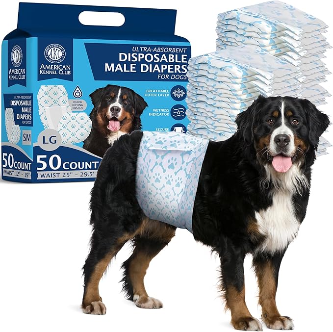 American Kennel Club Male Dog Wrap, Disposable Diapers with Wetness Indicator, Large, 50 Count