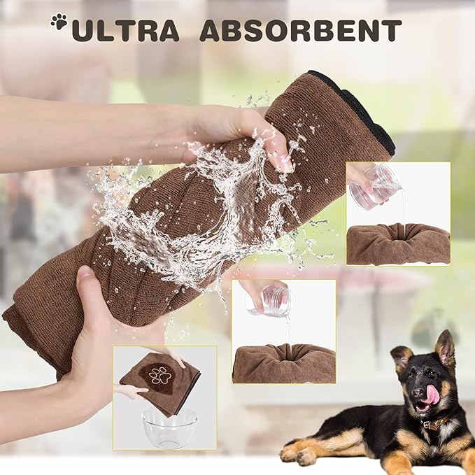Chumia 4 Pack Dog Towels for Drying Large Microfiber Grooming Tools Absorbent Soft Bath Supplies with Embroidered Paw for Small Medium Pet Products(16 x 32 Inch,Brown)
