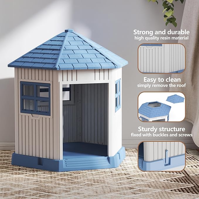 DRATO Dog House Indoor Outdoor Durable Large Dog Shelter with Outside Dog Kennel with Window and Elevated Floor for Small Medium Dogs (Blue, 34.8 * 30.51 * 36.89)