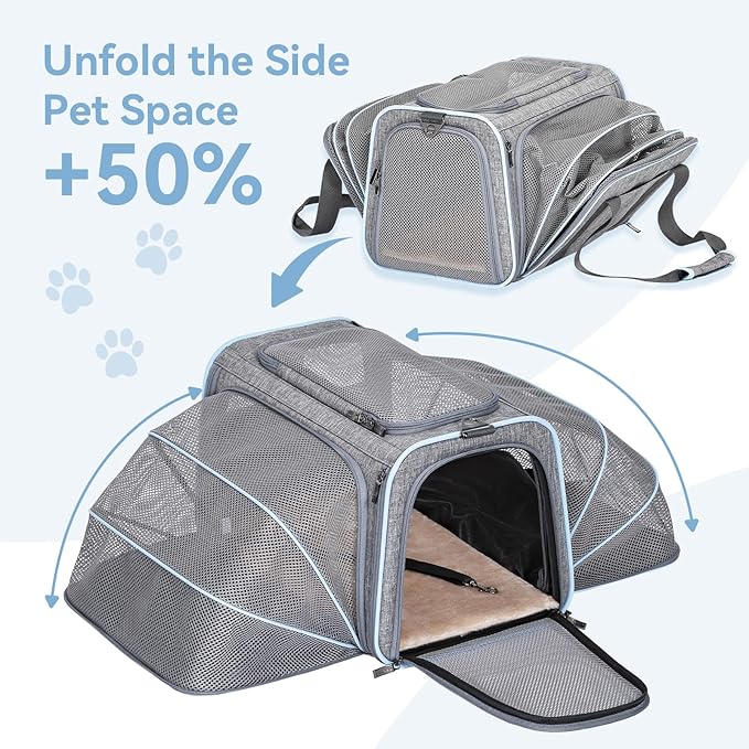 Petsfit Expandable Large Cat Carrier Small Dog Carriers Airline Approved, 17" Lx 11" Wx 11" H Soft-Sided Portable Washable Pet Travel Carrier with 2 Extension for Kittens, Puppies, Rabbits