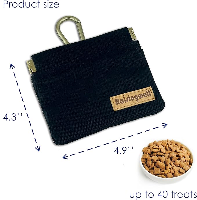 Dog Treat Pouch, Black Pocket Sized Pet Training Pouch, Cotton Fabric, Hand Free Dog Walking Bag with Carabiner, Self-Closing Pet Feed Snack Reward, for Pet Puppy Travel or Outdoor Use