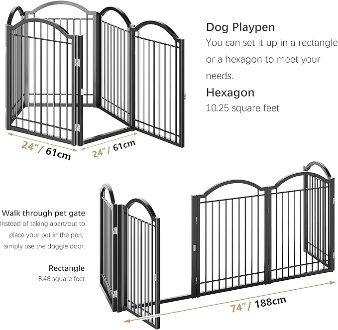 BHG Metal No-Assembly Freestanding Dog Gate with Door Walk Through, Extra Wide 120", Extra Tall 32" Pet Gate, Accordion Puppy Folding Playpen Dog Fence, with 2PCS Support (Black, 5 Panels)