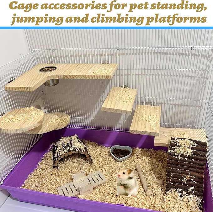 8 Pcs Wooden Hamster Cage Platform Set Wood Juvenile Chinchilla Shelves, Squirrel L-Shape Corner Ledge with Hole Cooling Standing Board Rat Cage Accessories for Gerbil Small Animal Climbing