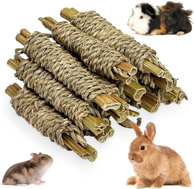 Fhiny 12 PCS Rabbit Chew Sticks, Natural Papaya Wood Seagrass Guinea Pig Chew Toys for Teeth Small Animal Molar Sticks Snacks for Bunny Guinea Pig Chinchilla Ferret Hamster Gerbil Dental Care