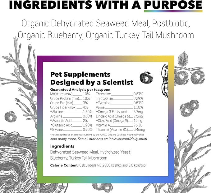 InClover Daily Multi Cat & Dog Vitamin - Canine & Feline Vitality Powder - Immunity Boost with Organic Blueberry, Seaweed, Turkey Tail Mushroom & Postbiotic Fibers - Critical Immune Defense Supplement