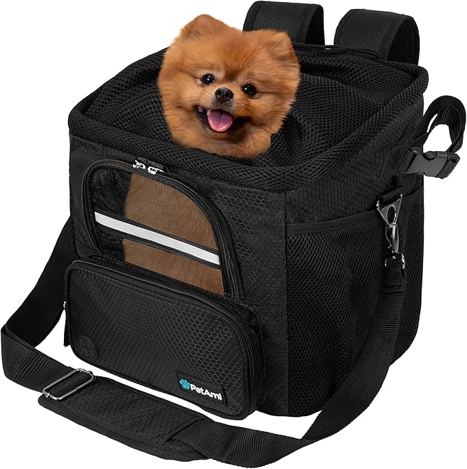 PetAmi Dog Bike Basket, Soft-Sided Ventilated Dog Bike Carrier Backpack, Pet Bicycle Basket for Bike Handlebar, Small Medium Puppy Cat Kitten Car Booster Seat with Safety Strap, Max 18 lbs, Black