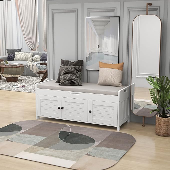 Storage Bench with 3 Shutter-Shaped Doors, Pine Wood Shoe Bench with Removable Cushion and Hidden Storage Space for Living Room, Entryway 43.5" L x 16" W x 18" H (White)