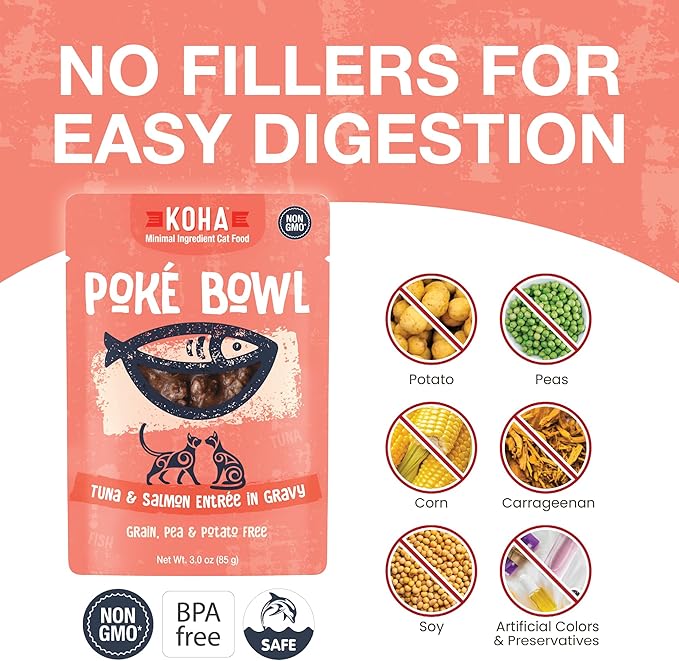 KOHA Poké Bowl Tuna & Salmon Entree in Gravy for Cats, 12-Pack of 3oz Pouches