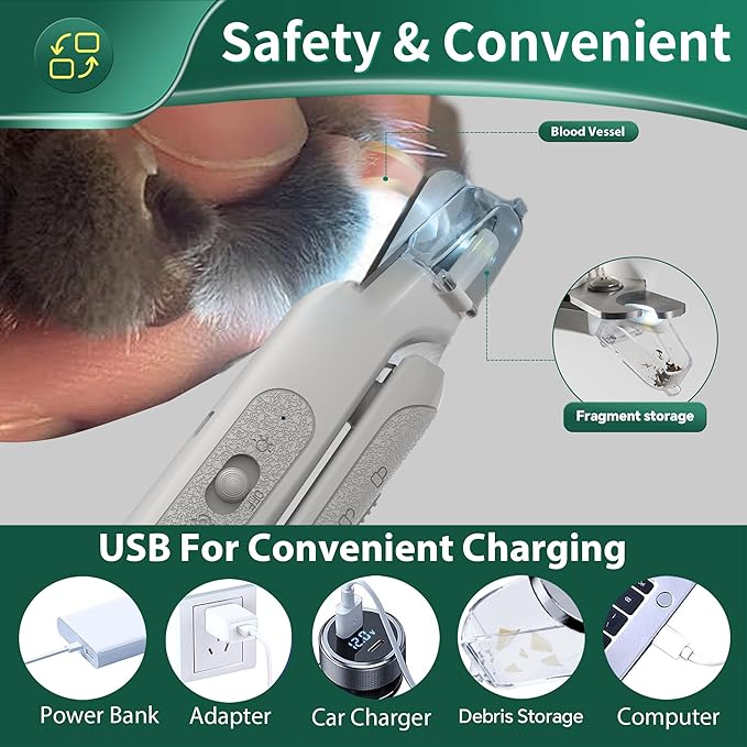 2-in-1 Cat Nail Clippers & Dog Nail Clippers Trimmers for Large Medium Small Dogs Cats Claw Trimmer Quick Sensor and Safety Guard USB Rechargeable with 2 LED Lights Dogs Nail Trimmer