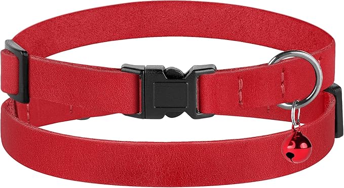 Breakaway Cat Collar Leather with Removable Bell - 13 Colors Available - Soft Adjustable Girl Boy Safety Lightweight Pet Kitten Collars Pink Brown Blue Green Red Orange Black (Red)
