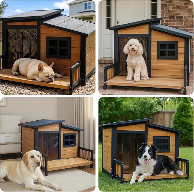 Large Indoor Outdoor Dog House,Wood Insulated Dog House,Weatherproof Outside Shelter with Elevated Floor,Easy to Assemble(39.3" L x 37.5" W x 30" H)