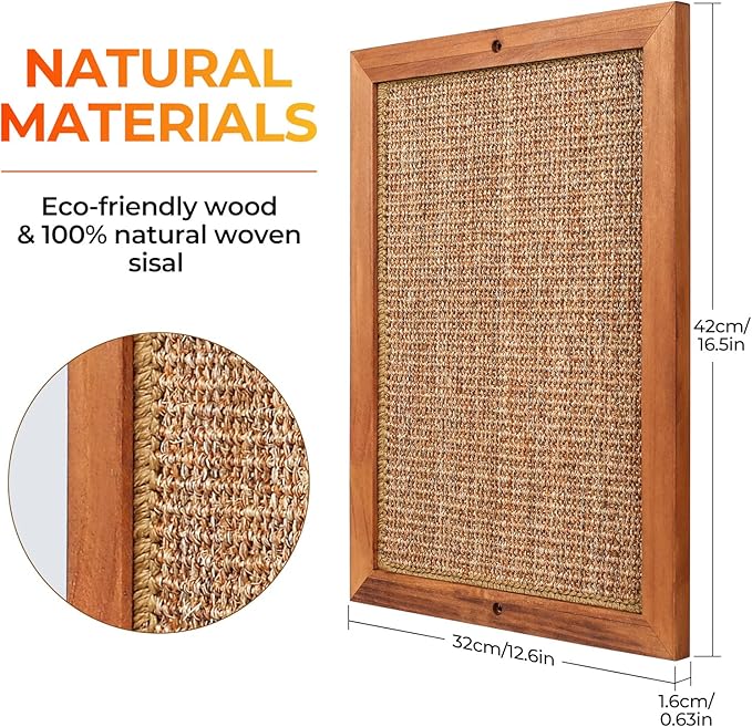 Cat Scratching Post - BXL, Natural Wooden Sisal Cat Wall Scratcher, Floor or Wall Mounted Vertical Cat Scratch Pad for Indoor Cats Adults or Kittens, Cat Wall Furniture Protector