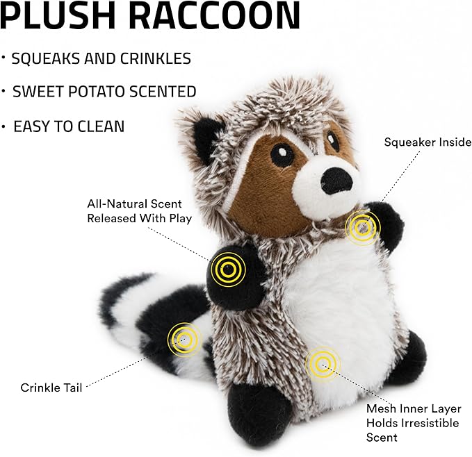 Playology Dog Toys | Plush Toy Racoon Stuffed Animal for Dogs | Small Sweet Potato Scented Toy - Easy to Clean and Made from Non Toxic Materials