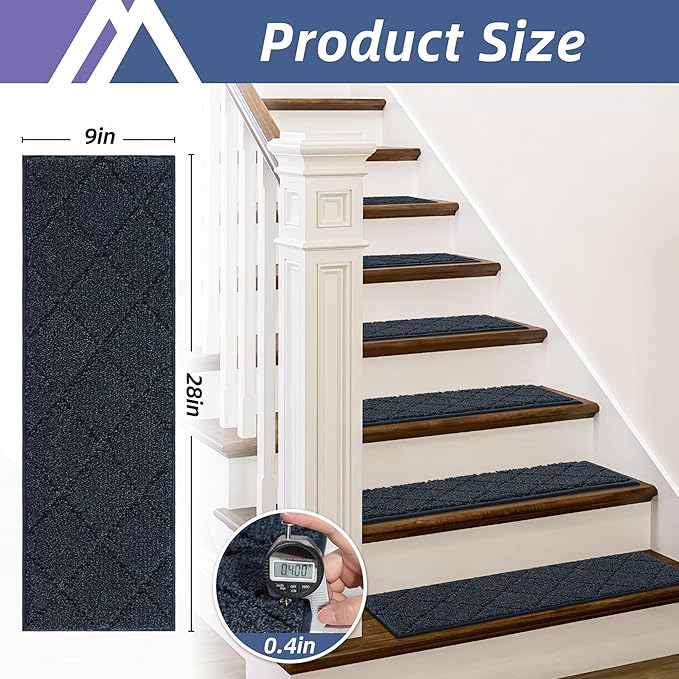 COSY HOMEER Edging Stair Treads Non-Slip Carpet Mat 28inX9in Indoor Stair Runners for Wooden Steps, Edging Stair Rugs for Kids and Dogs, 100% Polyester TPE Backing (10pc, Navy)