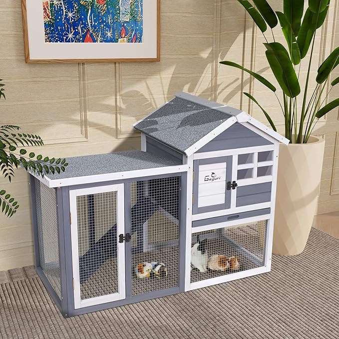 GEGURI Large Rabbit Hutch Indoor Outdoor Chicken Coop Wooden Bunny Cage with Waterproof Roof (48''L x 24''W x 36''H Grey)