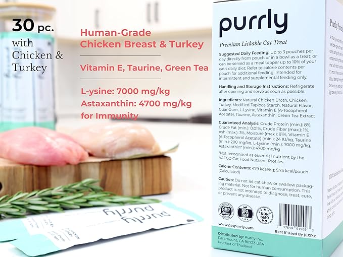 Purrly Low Calorie Premium Lickable Cat Treat Topper Healthy Chicken Variety Bundle (90 Count) Human-Grade Protein Sources with Functional Nutrients Wet Squeeze Creamy Purée Grain-Free Non-GMO