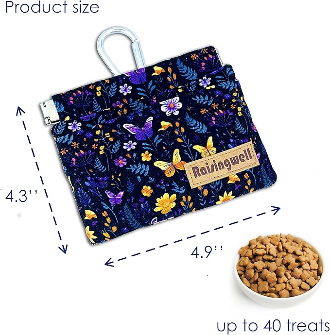 Dog Treat Pouch, Pocket Sized Pet Training Pouch, Cotton Fabric, Hand Free Purple Flower Dog Walking Bag with Carabiner, Self-Closing Pet Feed Snack Reward, for Puppy Travel or Outdoor Use