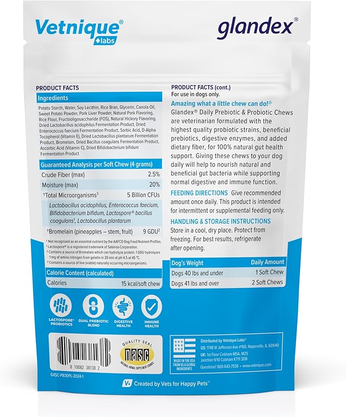 Vetnique Glandex Daily Probiotics for Dogs with Prebiotics to Support Gut Health with Fiber and Digestive Enzymes, Probiotic Chews or Powders (30ct Chews, Bacon Chews)