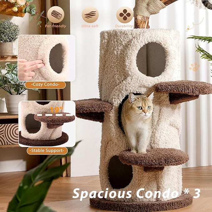 54.7'' Modern Cat Tree for Indoor Cats Large Adult, Wood Cat Tree with 3 Spacious Condos, Luxury Cat Tower with Cozy Perch, Scratching Post, Sturdy Kitty House Furniture for Small Medium Large Cats