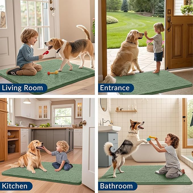 Smiry Dog Door Mat for Muddy Paws 36x24, Absorbs Moisture and Dirt Doormat, Non-Slip Washable Quick Dry Chenille Front Door Mat Indoor Entrance, Entryway Carpet for Inside Floor, Olive Green
