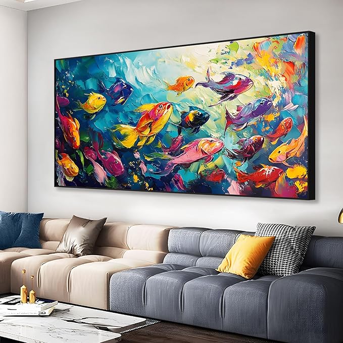 School of Fish Printed Canvas Wall Art – Framed Abstract Ocean Print – Vibrant Fish Wall Decor for Living Room, Bedroom, Office (Black Framed, 31"x15"|80x40cm)