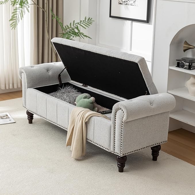58’’ Storage Bench for Bedroom, Upholstered Button-Tufted Ottoman with Solid Wood Legs, Queen Size End of Bed Shoe Cabinet, Window Seat Foot Rest Stool for Entryway, Living Room (Silver)